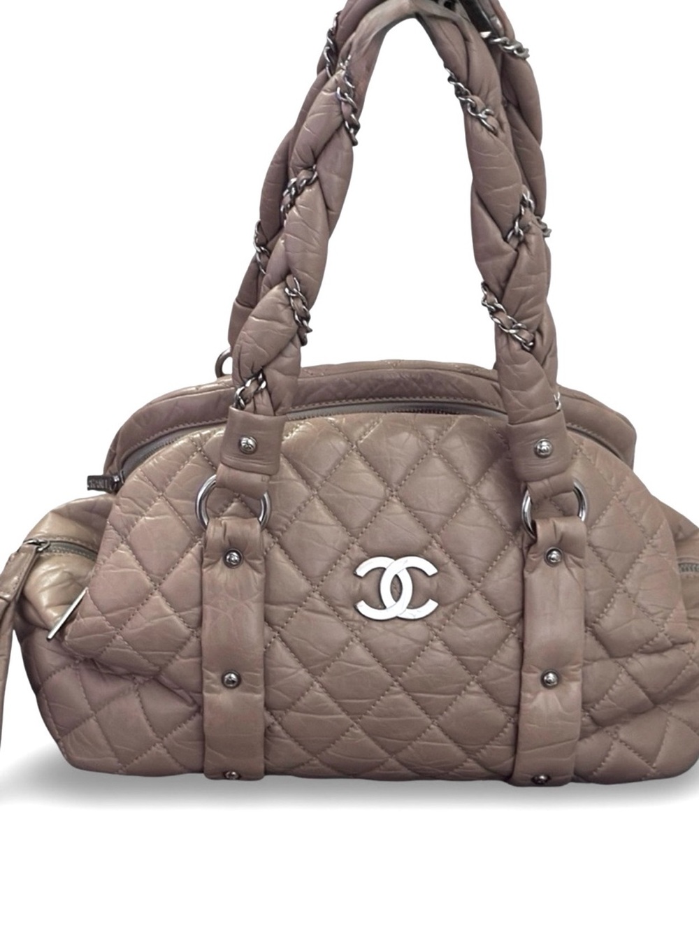 Chanel Lady Braid Bowler Bag  Distressed Lambskin Taupe Quilted Satchel 13”